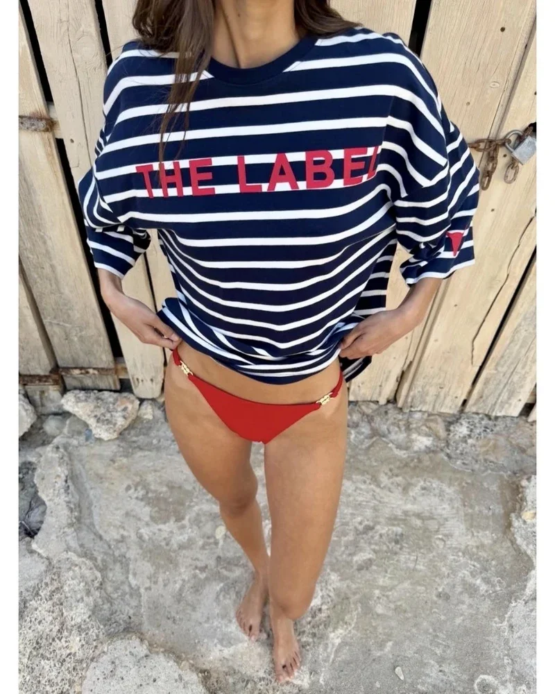 ladies knitted Y/D stripe t-shirt Donker Blauw ladies knitted Y/D stripe t-shirt Donker Blauw