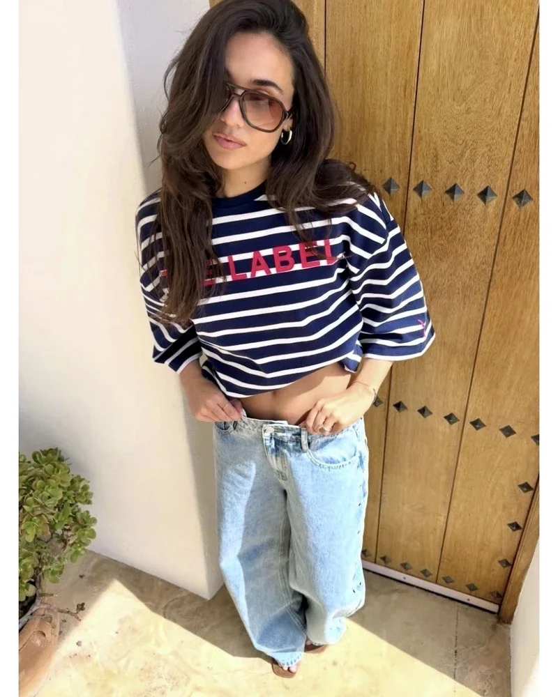ladies knitted Y/D stripe t-shirt Donker Blauw ladies knitted Y/D stripe t-shirt Donker Blauw