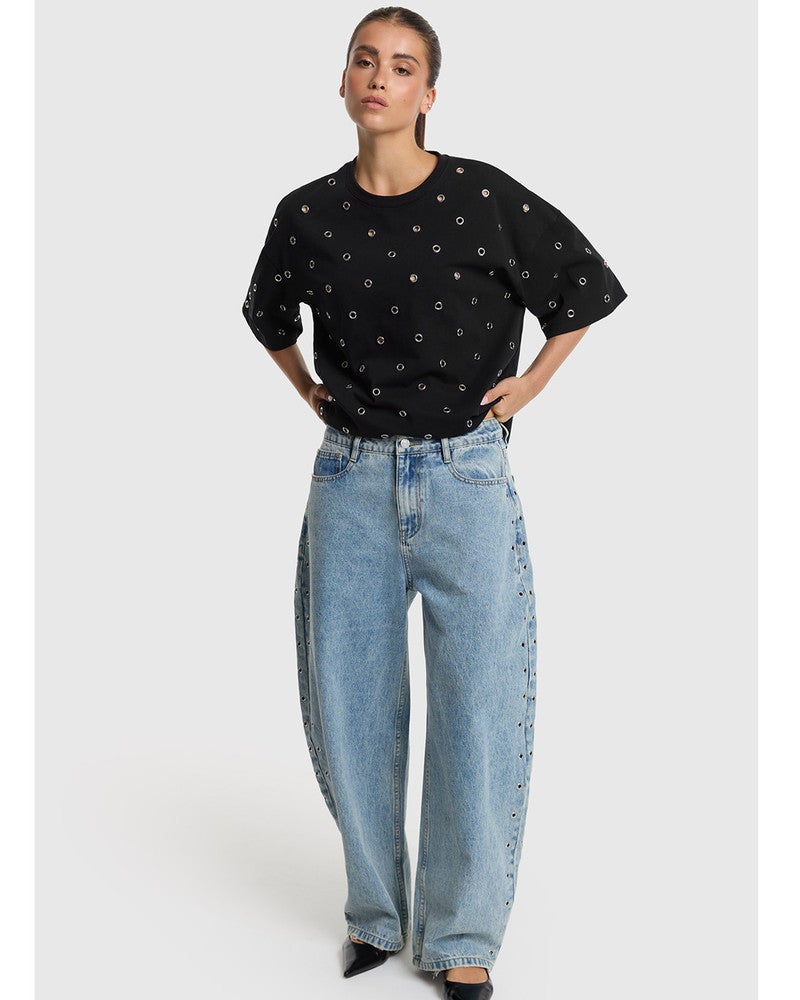 ladies woven studded barrel denim pants Licht Blauw ladies woven studded barrel denim pants Licht Blauw