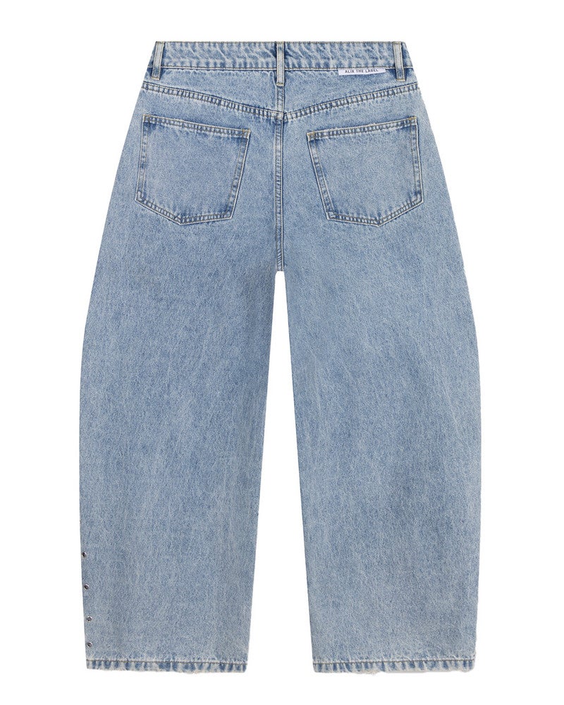ladies woven studded barrel denim pants Licht Blauw ladies woven studded barrel denim pants Licht Blauw