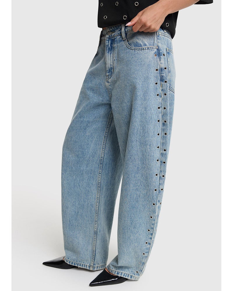 ladies woven studded barrel denim pants Licht Blauw ladies woven studded barrel denim pants Licht Blauw