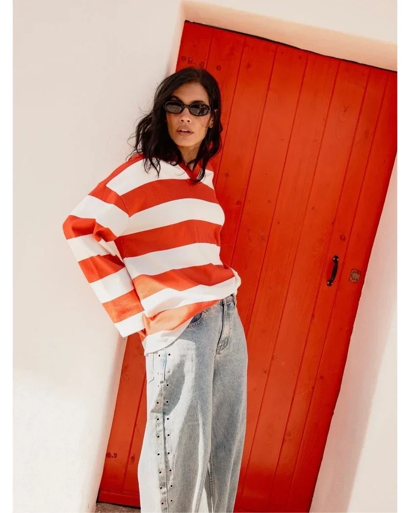 ladies knitted block stripe polo sweater Koraal ladies knitted block stripe polo sweater Koraal