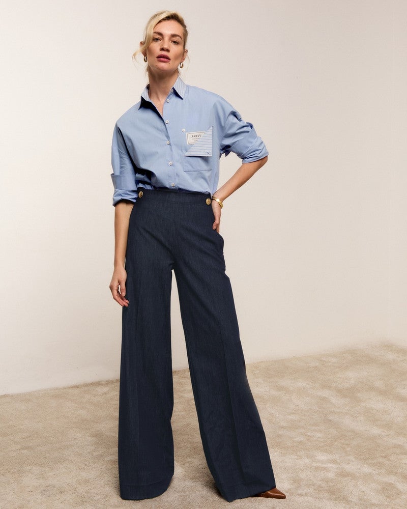 INDRA high waisted wide leg pantalon Blauw INDRA high waisted wide leg pantalon Blauw