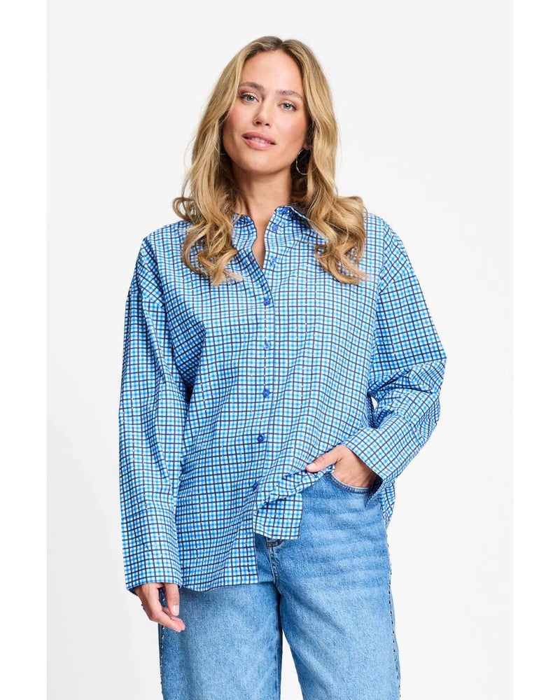 BLOUSE - Beau Check Sapphire Blue Blauw BLOUSE - Beau Check Sapphire Blue Blauw