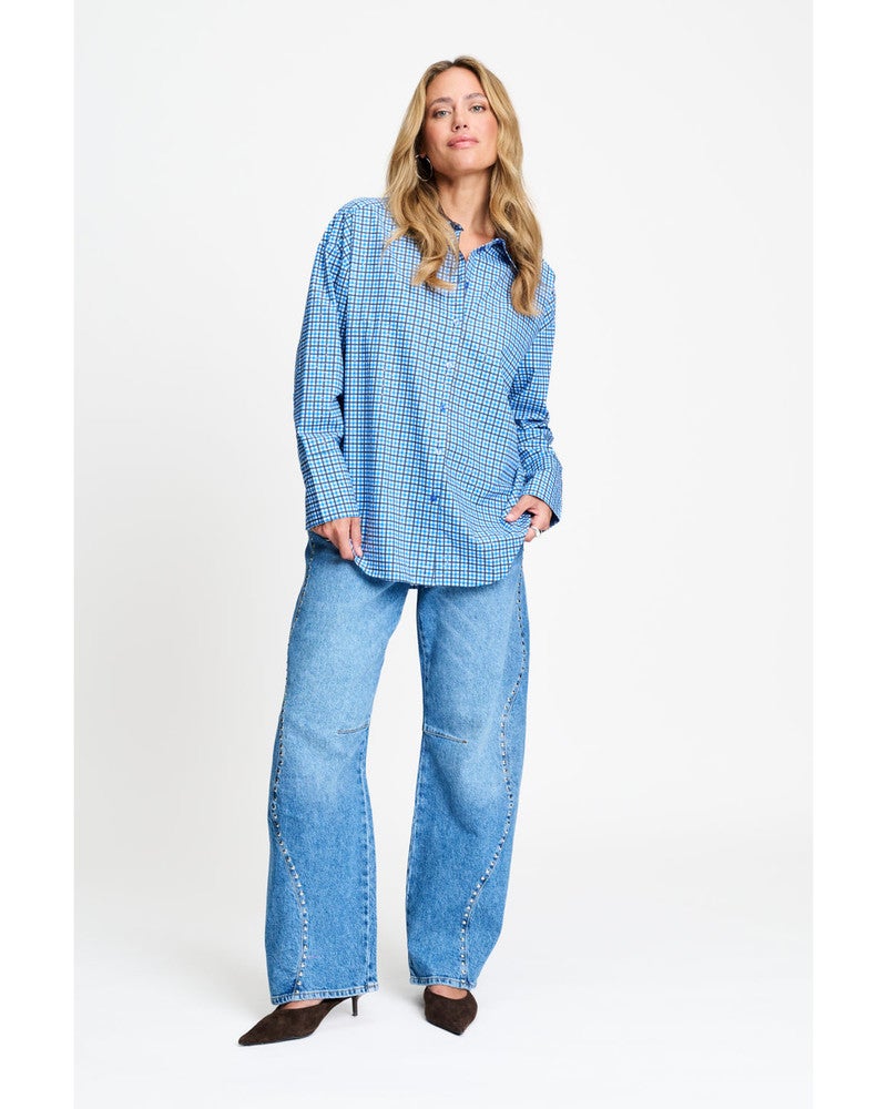 BLOUSE - Beau Check Sapphire Blue Blauw BLOUSE - Beau Check Sapphire Blue Blauw