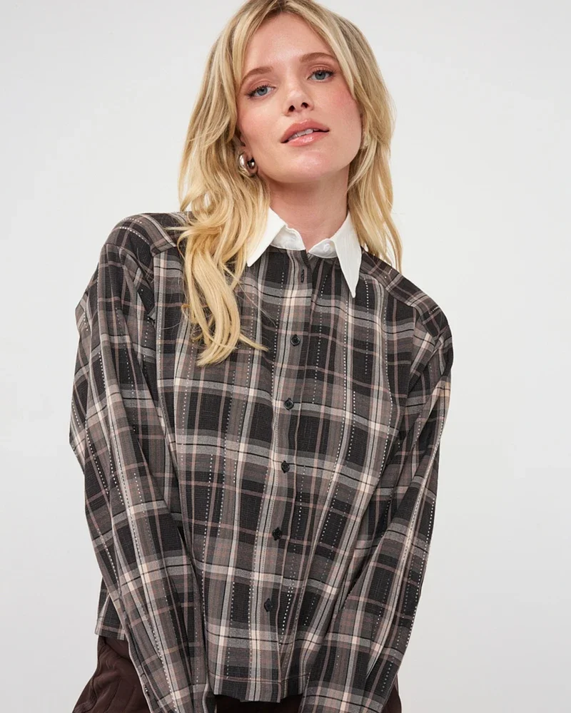 Blouse short strass check Bruin 1 Blouse short strass check Bruin 1