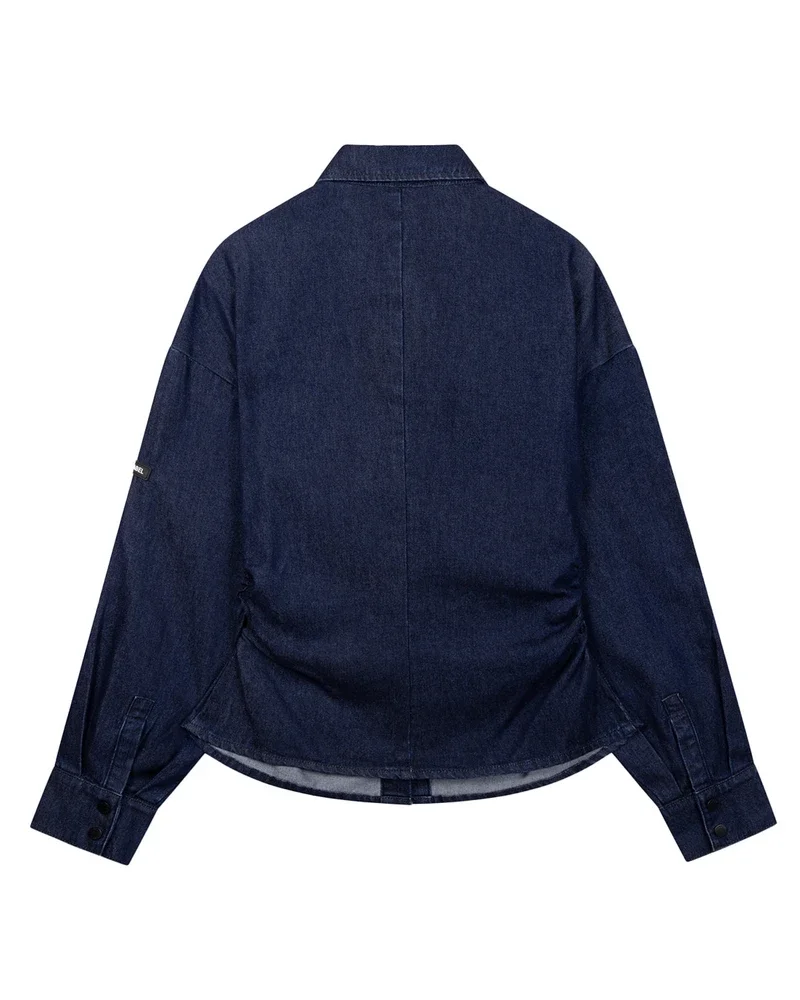ladies woven fitted waist denim blouse Blauw ladies woven fitted waist denim blouse Blauw