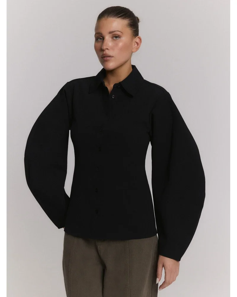 ladies woven balloon blouse LILA Zwart 1 ladies woven balloon blouse LILA Zwart 1