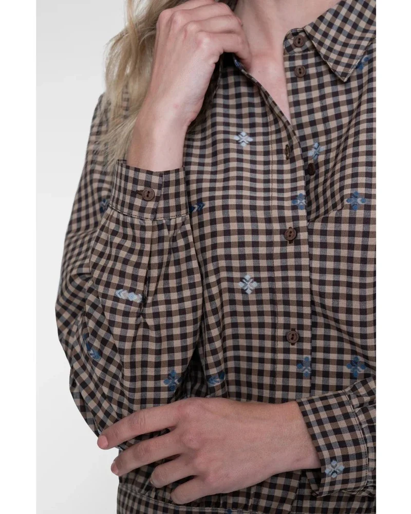 Checkered blouse met geborduurde details Bruin 1 Checkered blouse met geborduurde details Bruin 1