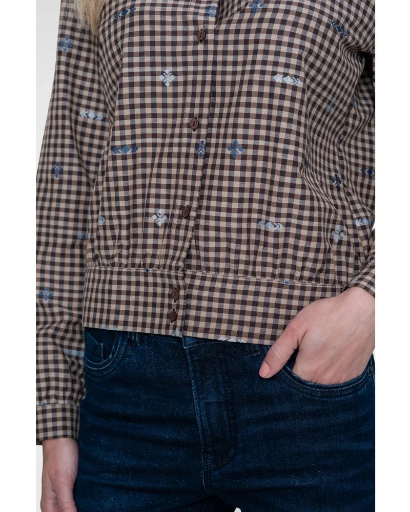 Checkered blouse met geborduurde details Bruin 1 Checkered blouse met geborduurde details Bruin 1