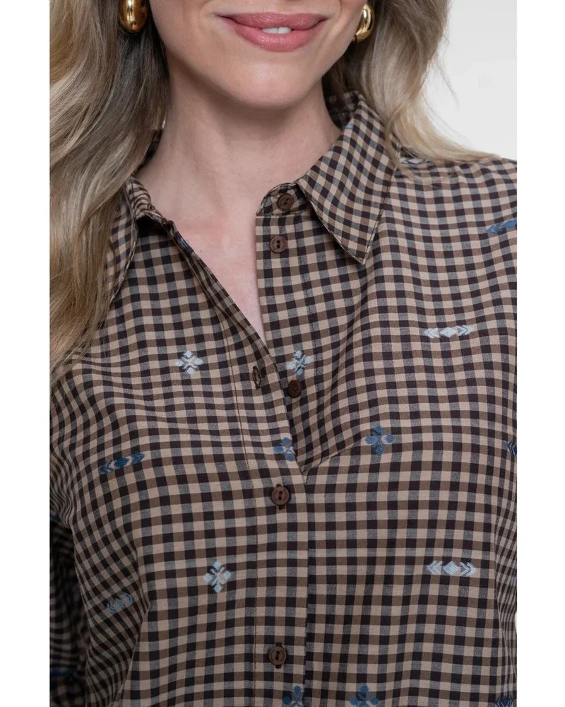 Checkered blouse met geborduurde details Bruin 1 Checkered blouse met geborduurde details Bruin 1
