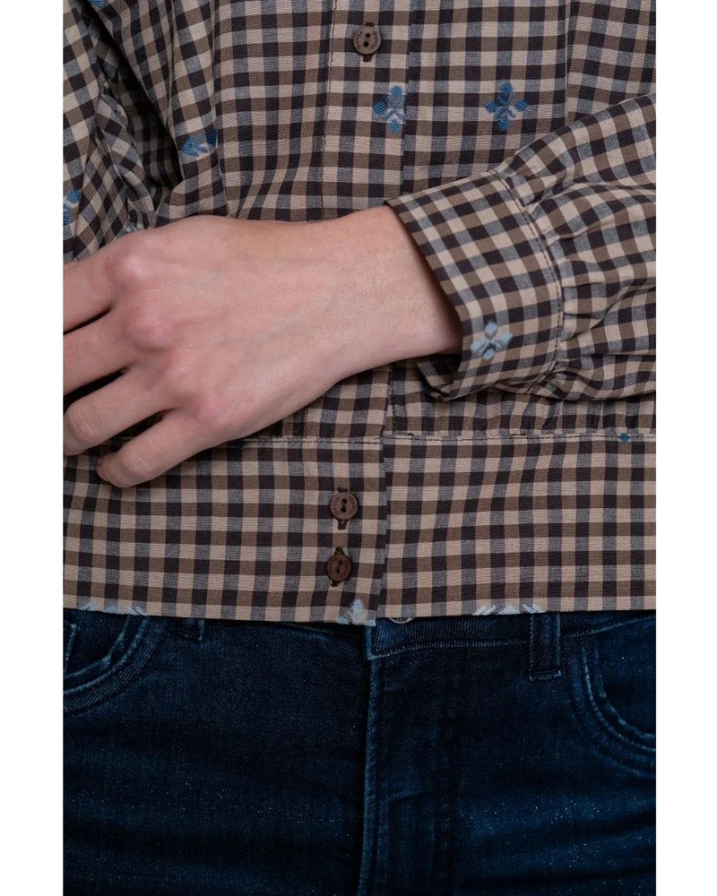 Checkered blouse met geborduurde details Bruin 1 Checkered blouse met geborduurde details Bruin 1