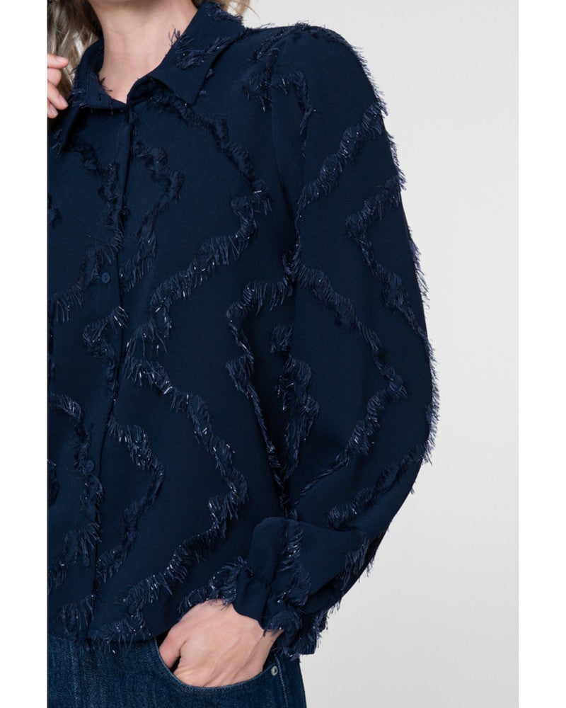 Blouse met fringe en subtiele glitter Blauw Blouse met fringe en subtiele glitter Blauw
