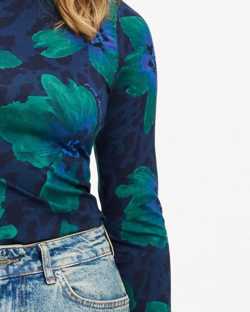TURTLENECK - Romi Jersey Bloom Teal Green Groen TURTLENECK - Romi Jersey Bloom Teal Green Groen