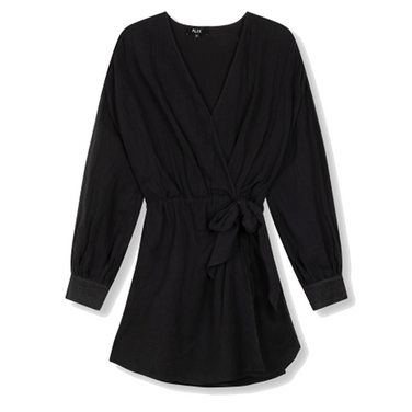 Ladies Woven Linen Look Wrap Dress Zwart