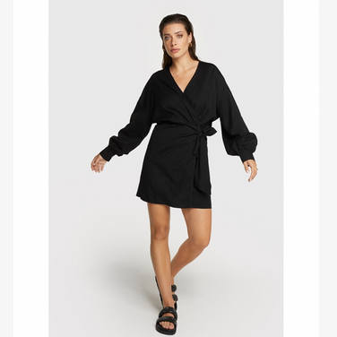 Ladies Woven Linen Look Wrap Dress Zwart