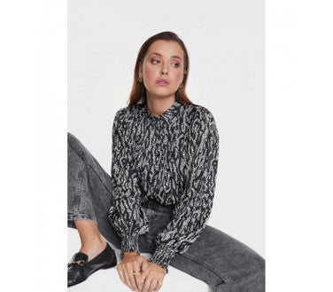 Ladies Woven Animal High Neck Top Zwart