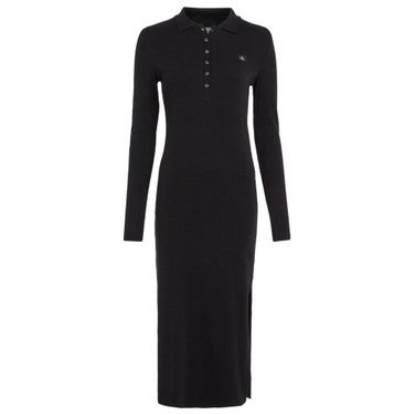 Woven Label Rib Polo Longsleeve Dress Zwart KL