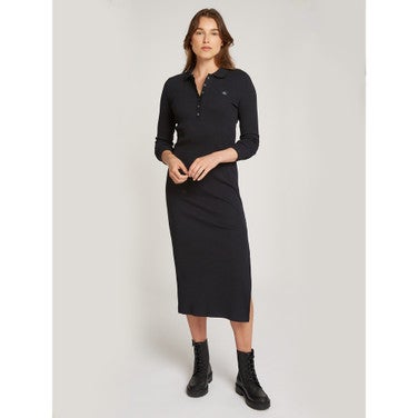 Woven Label Rib Polo Longsleeve Dress Zwart KL