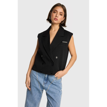 Ladies Woven Double Breasted Waistcoat Zwart 1