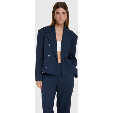 Ladies Woven Double Breasted Blazer Donker Blauw