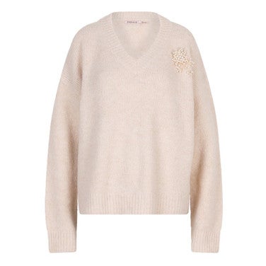Sweater V-neck brooch Beige