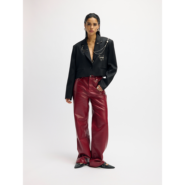 Ladies Woven Vegan Leather Wide Leg Pants Esmee Bordeaux