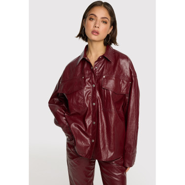 Ladies Woven Faux Leather Blouse Bordeaux