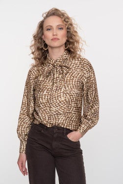 Blouse Met Abstracte Swirl Print Bruin 1