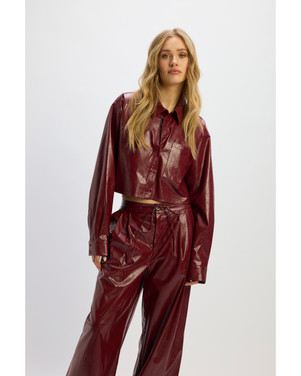 ladies woven cropped pu blouse LOU Bordeaux