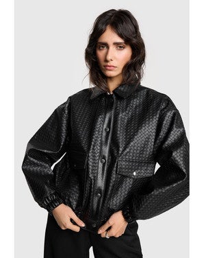 ladies woven braided faux leather jacket Zwart 1