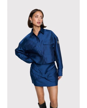 ladies woven cropped blouse Blauw