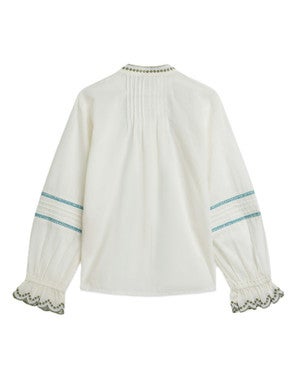 Embroidered cuff longsleeve cotton shirt Wit 1
