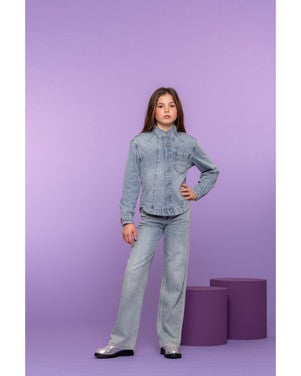 Jeans wide leg + rhinestones Blauw