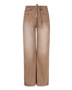 Trousers colored denim belt wide leg Camel