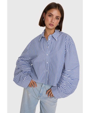 ladies woven fancy striped blouse Blauw