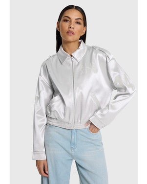 ladies woven shiny artwork jacket Zilver