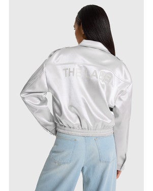 ladies woven shiny artwork jacket Zilver