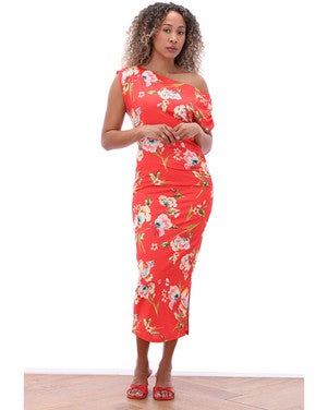 C200 Off shoulder jurk met design Rood