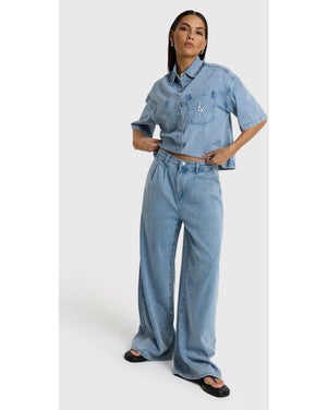 ladies woven denim wide pants Licht Blauw