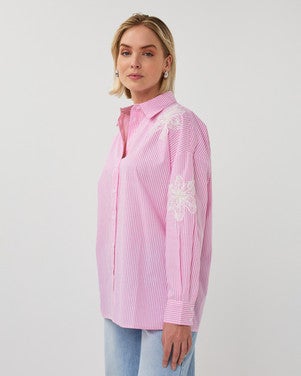 Blouse striped flower patch Roze