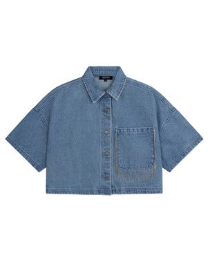 ladies woven oversized denim fringe blouse ADELINE Licht Blauw