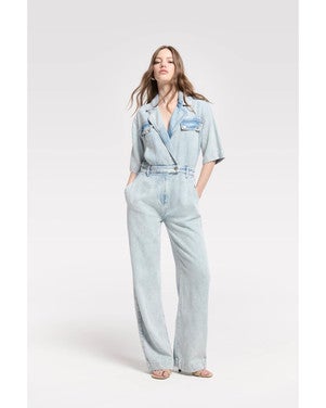 Flowy Denim Overall With Short Sleeves Licht Blauw