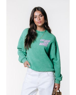WS417632 Logo Acid Wash Dropped Shoulder Sweat Groen