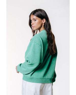 WS417632 Logo Acid Wash Dropped Shoulder Sweat Groen