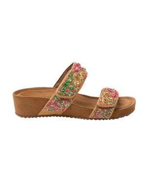 Bo flower beads two strap mules wedge Roze