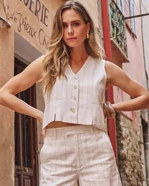 Gilet short linen striped Off White