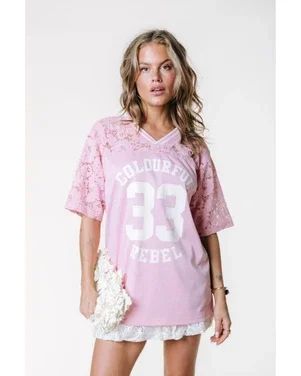 Tayla 33 Lace Mesh Football Tee Roze