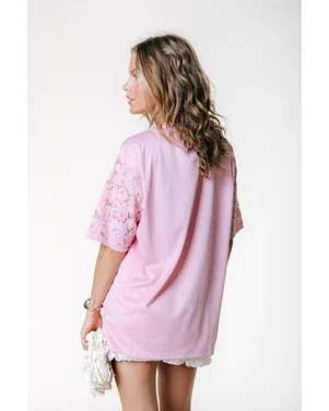 Tayla 33 Lace Mesh Football Tee Roze