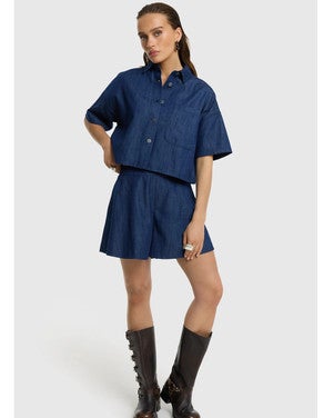 ladies woven wide denim shorts CINDY Donker Blauw